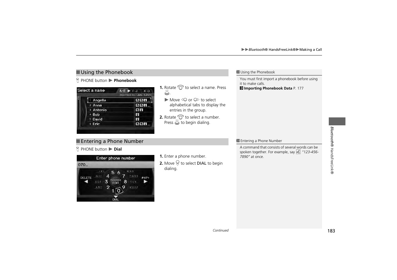 2 using the phonebook, P. 183, 2 entering a phone number | HONDA 2013 Odyssey Navigation User Manual | Page 185 / 267
