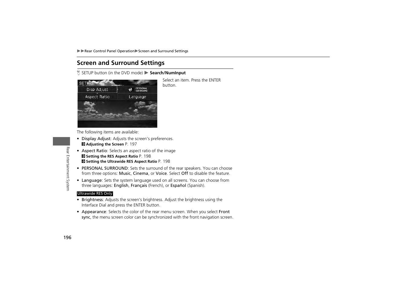 Screen and surround settings | HONDA 2013 Odyssey Navigation User Manual | Page 198 / 267