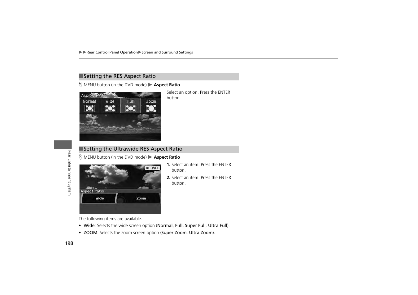2 setting the res aspect ratio, P. 198, 2 setting the ultrawide res aspect ratio | HONDA 2013 Odyssey Navigation User Manual | Page 200 / 267