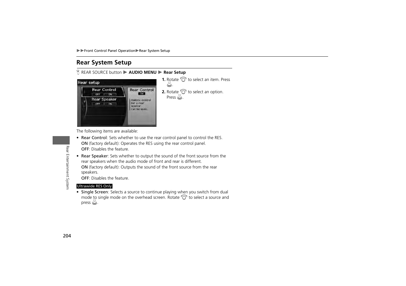 Rear system setup | HONDA 2013 Odyssey Navigation User Manual | Page 206 / 267