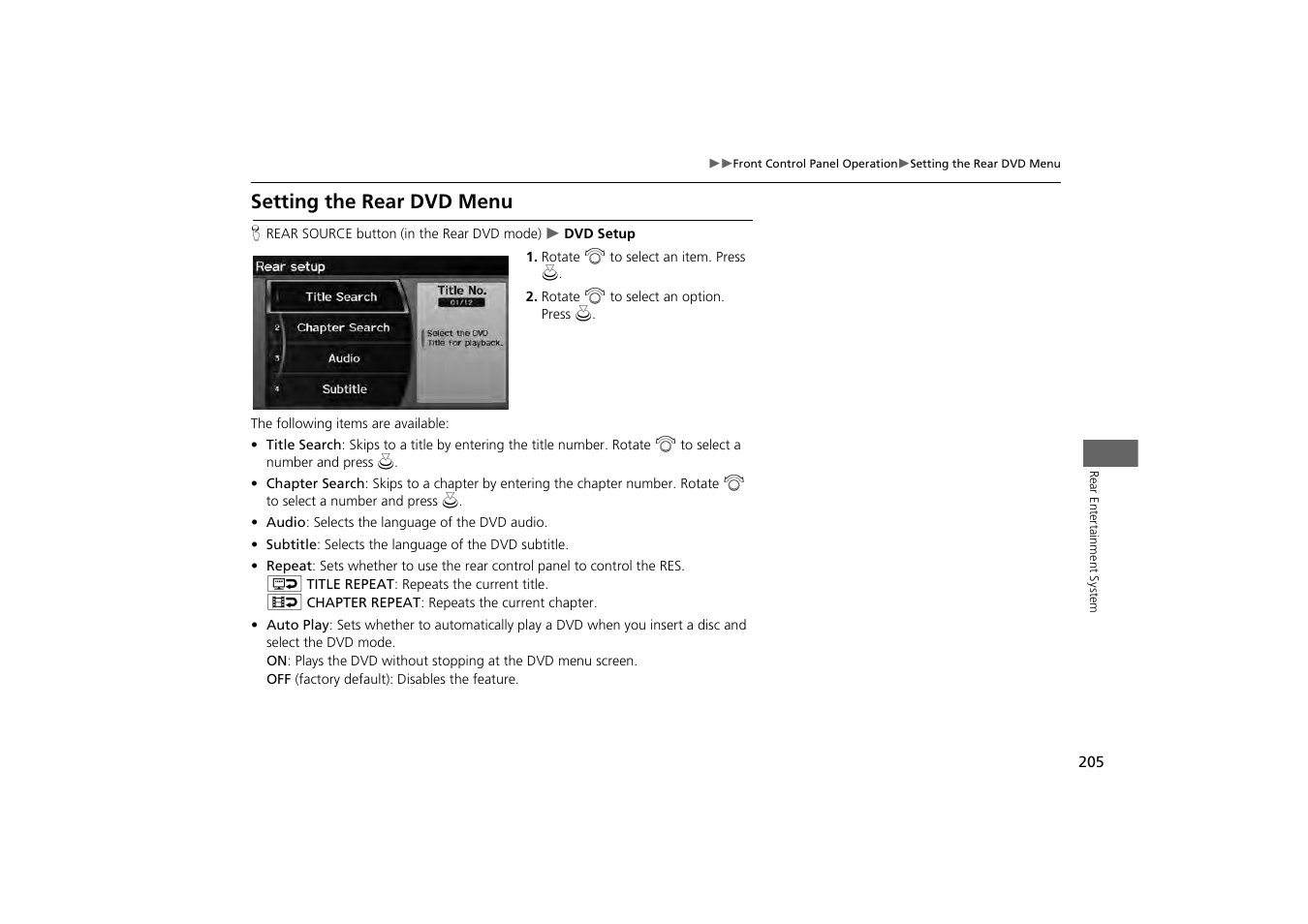 Setting the rear dvd menu | HONDA 2013 Odyssey Navigation User Manual | Page 207 / 267