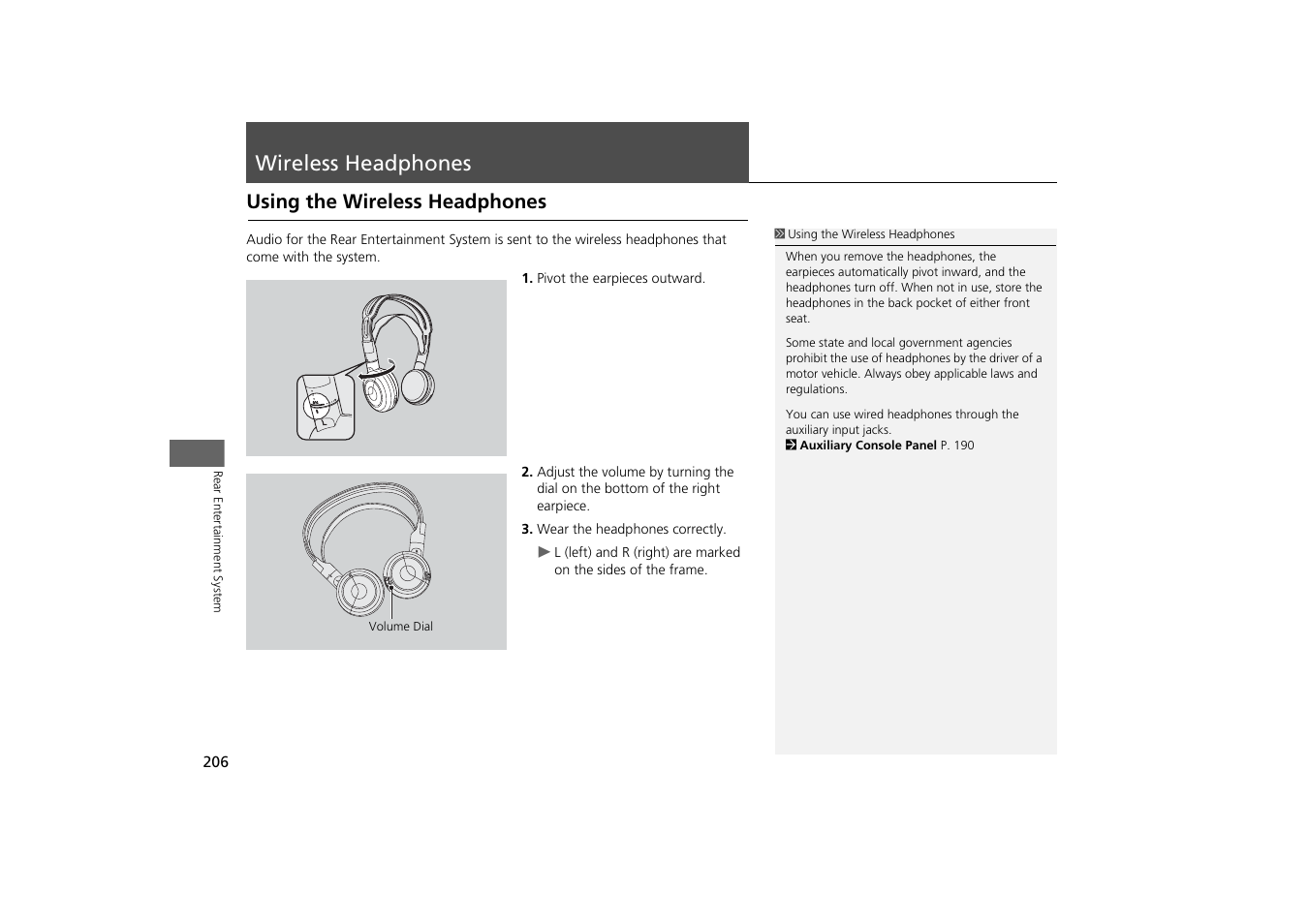 Wireless headphones 206, Wireless headphones, Using the wireless headphones | HONDA 2013 Odyssey Navigation User Manual | Page 208 / 267