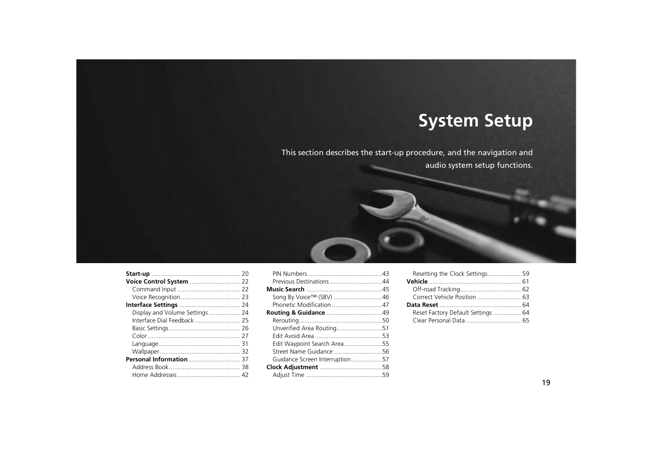 2 system setup p. 19, System setup, P.19 | HONDA 2013 Odyssey Navigation User Manual | Page 21 / 267