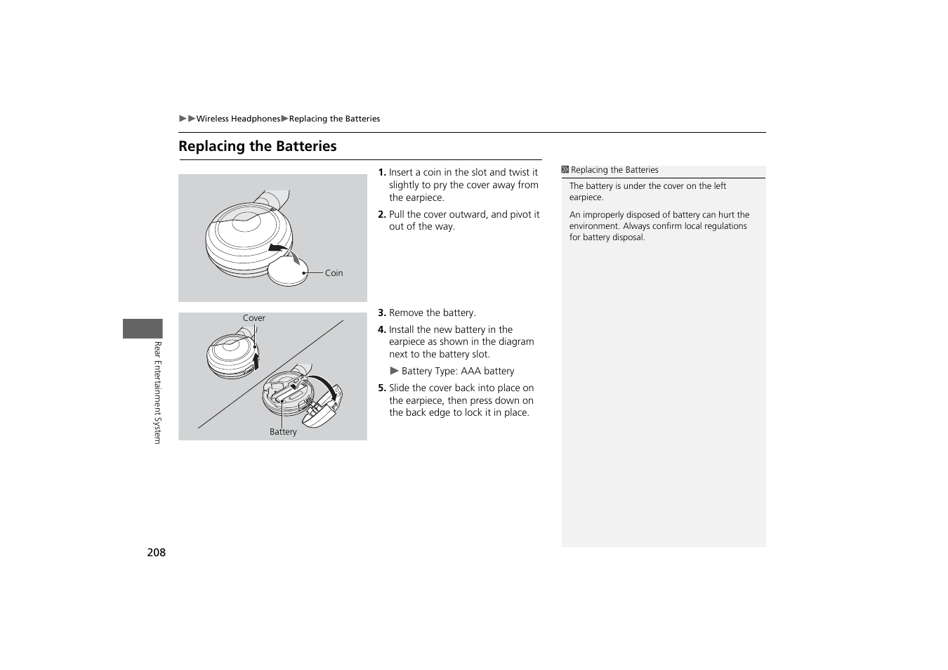 Replacing the batteries | HONDA 2013 Odyssey Navigation User Manual | Page 210 / 267