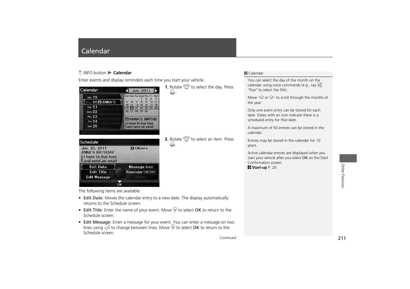 Calendar 211, Calendar | HONDA 2013 Odyssey Navigation User Manual | Page 213 / 267