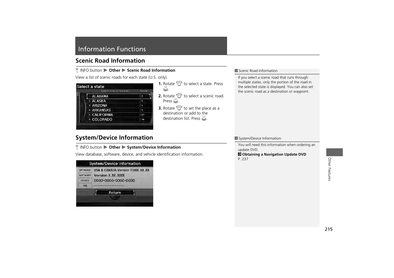 Information functions 215, Information functions, Scenic road information system/device information | Scenic road information, System/device information | HONDA 2013 Odyssey Navigation User Manual | Page 217 / 267