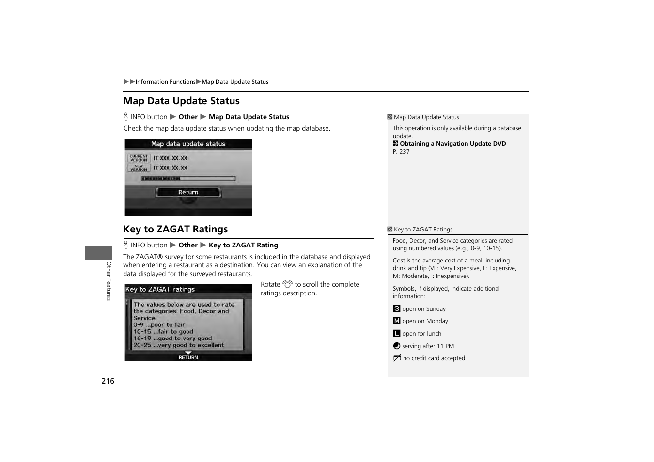 2 key to zagat ratings p. 216, Map data update status key to zagat ratings, Map data update status | Key to zagat ratings | HONDA 2013 Odyssey Navigation User Manual | Page 218 / 267