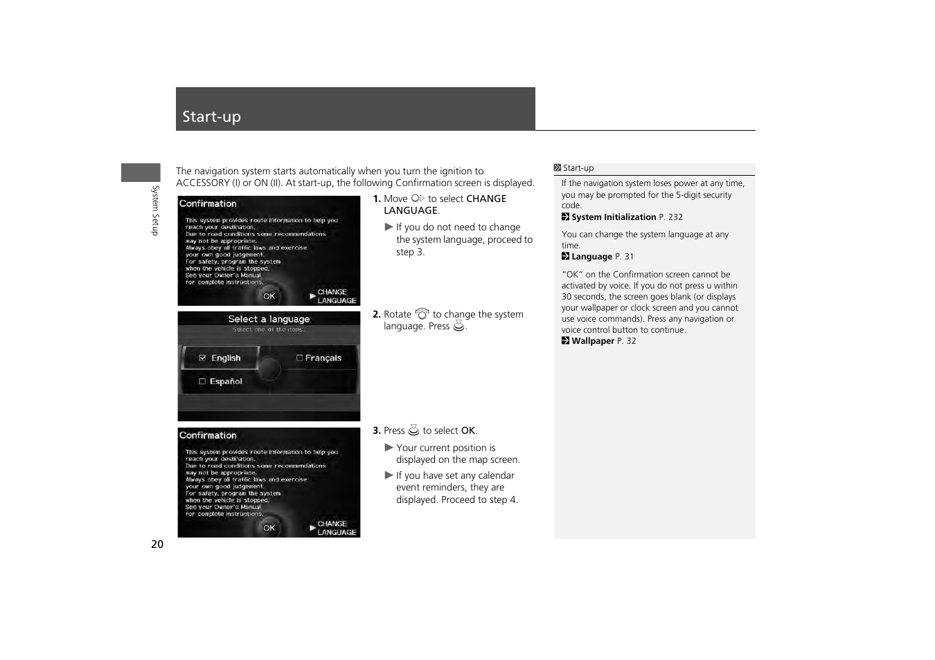 Start-up 20, Start-up | HONDA 2013 Odyssey Navigation User Manual | Page 22 / 267