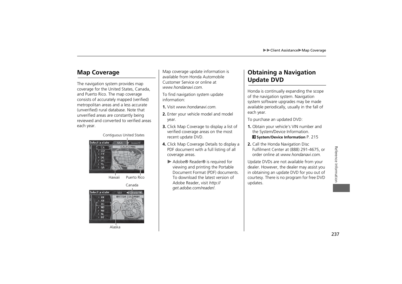 2 map coverage p. 237, Map coverage obtaining a navigation update dvd, 2 obtaining a navigation update dvd | P. 237, Map coverage, Obtaining a navigation update dvd | HONDA 2013 Odyssey Navigation User Manual | Page 239 / 267