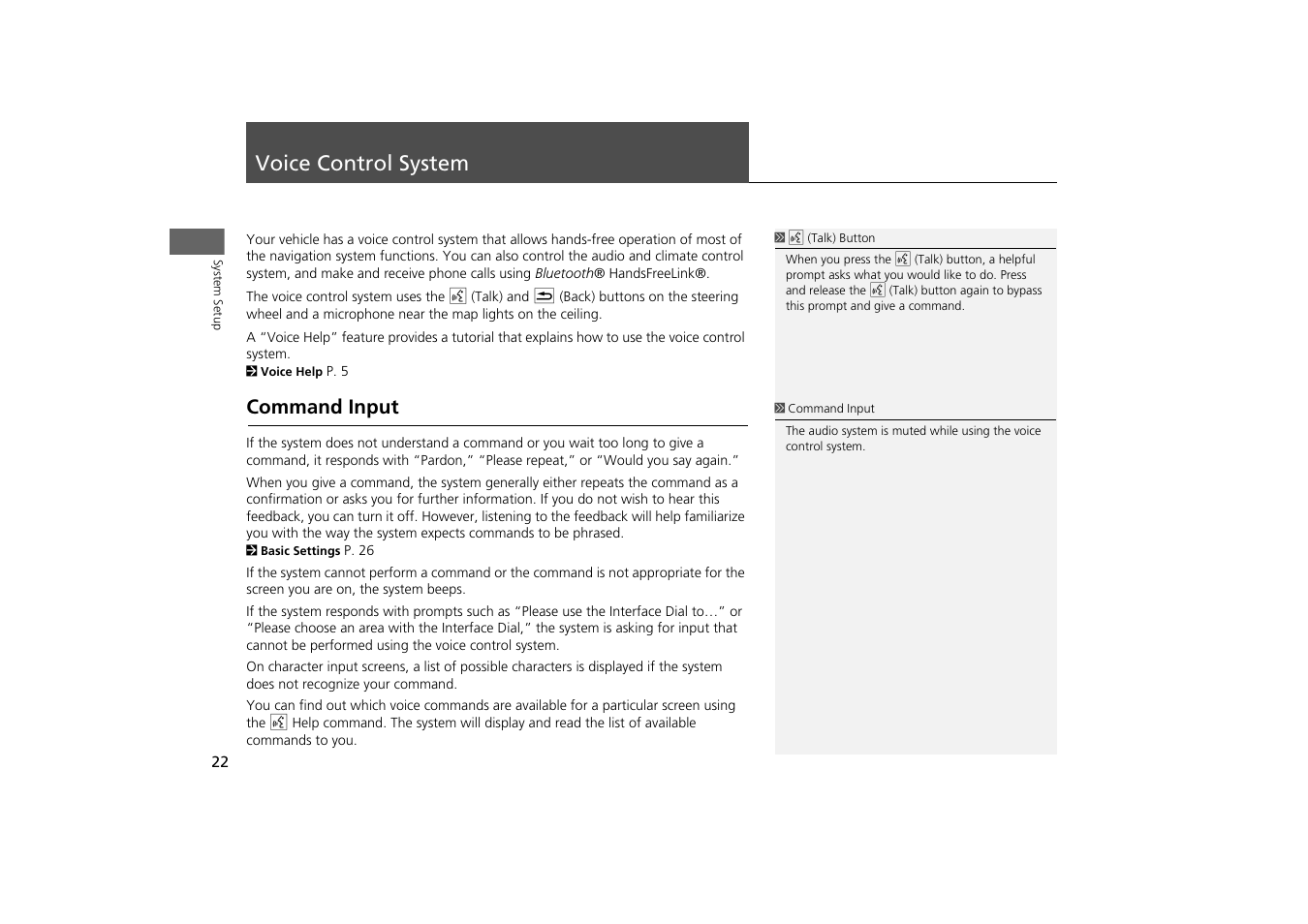 Voice control system 22, P22), Control. voice control system | Voice control system, Command input | HONDA 2013 Odyssey Navigation User Manual | Page 24 / 267