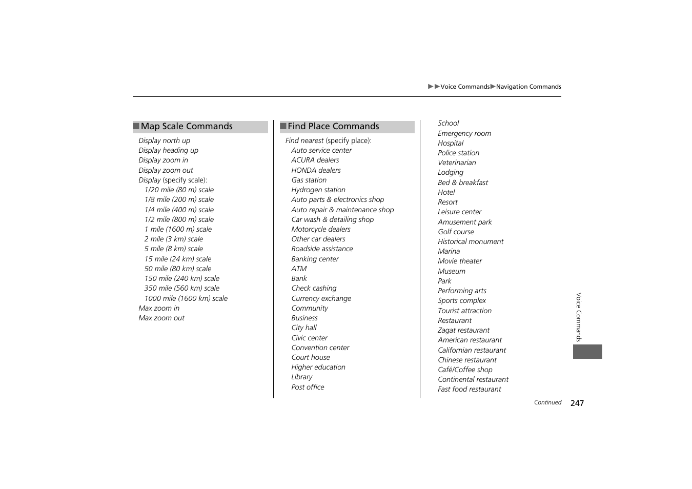 2 map scale commands p. 247, 2 find place commands p. 247 | HONDA 2013 Odyssey Navigation User Manual | Page 249 / 267