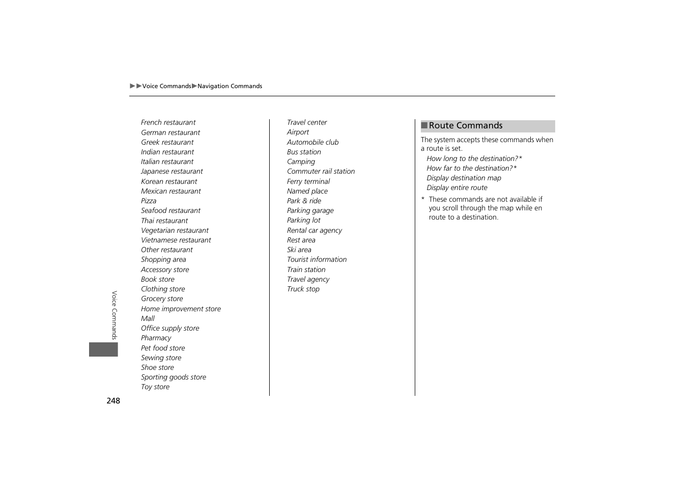 2 route commands p. 248 | HONDA 2013 Odyssey Navigation User Manual | Page 250 / 267