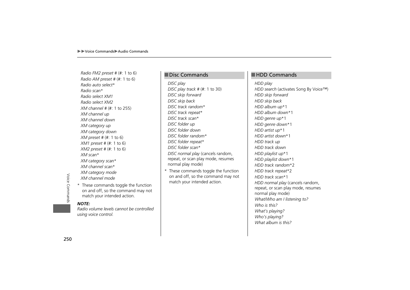 2 disc commands p. 250, 2 hdd commands p. 250 | HONDA 2013 Odyssey Navigation User Manual | Page 252 / 267