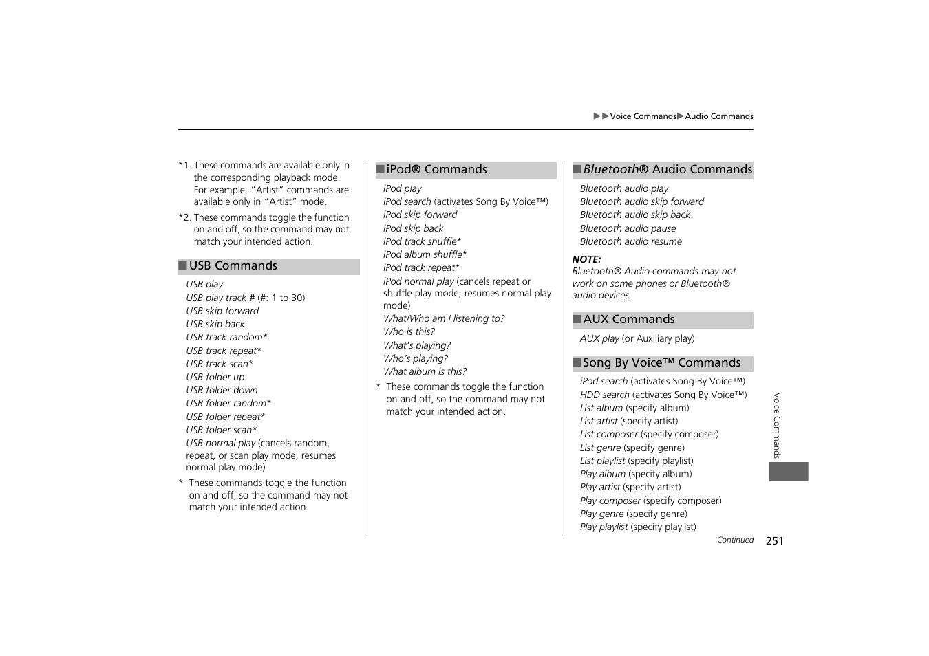 Commands. 2 ipod® commands p. 251, S. 2 song by voice™ commands p. 251, Control commands. 2 usb commands p. 251 | HONDA 2013 Odyssey Navigation User Manual | Page 253 / 267