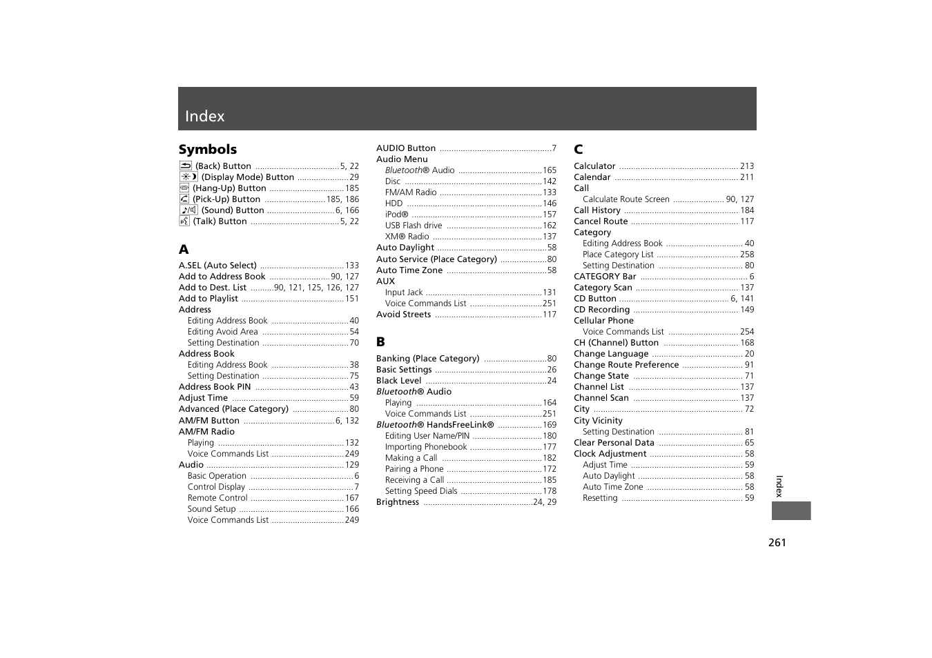 Index, P.261 | HONDA 2013 Odyssey Navigation User Manual | Page 263 / 267