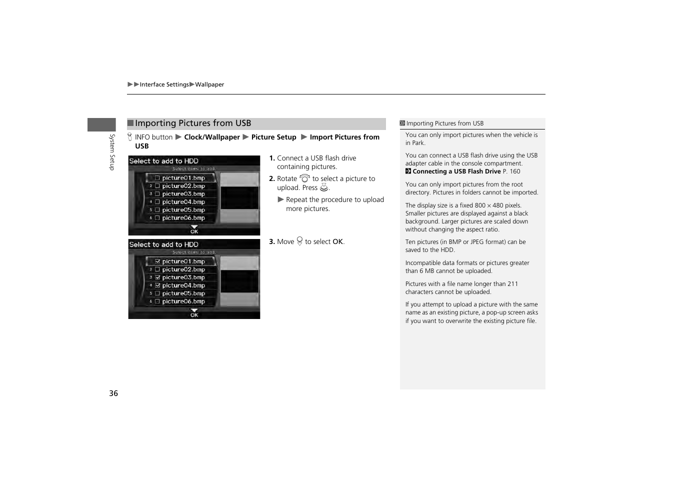 2 importing pictures from usb, P. 36 | HONDA 2013 Odyssey Navigation User Manual | Page 38 / 267