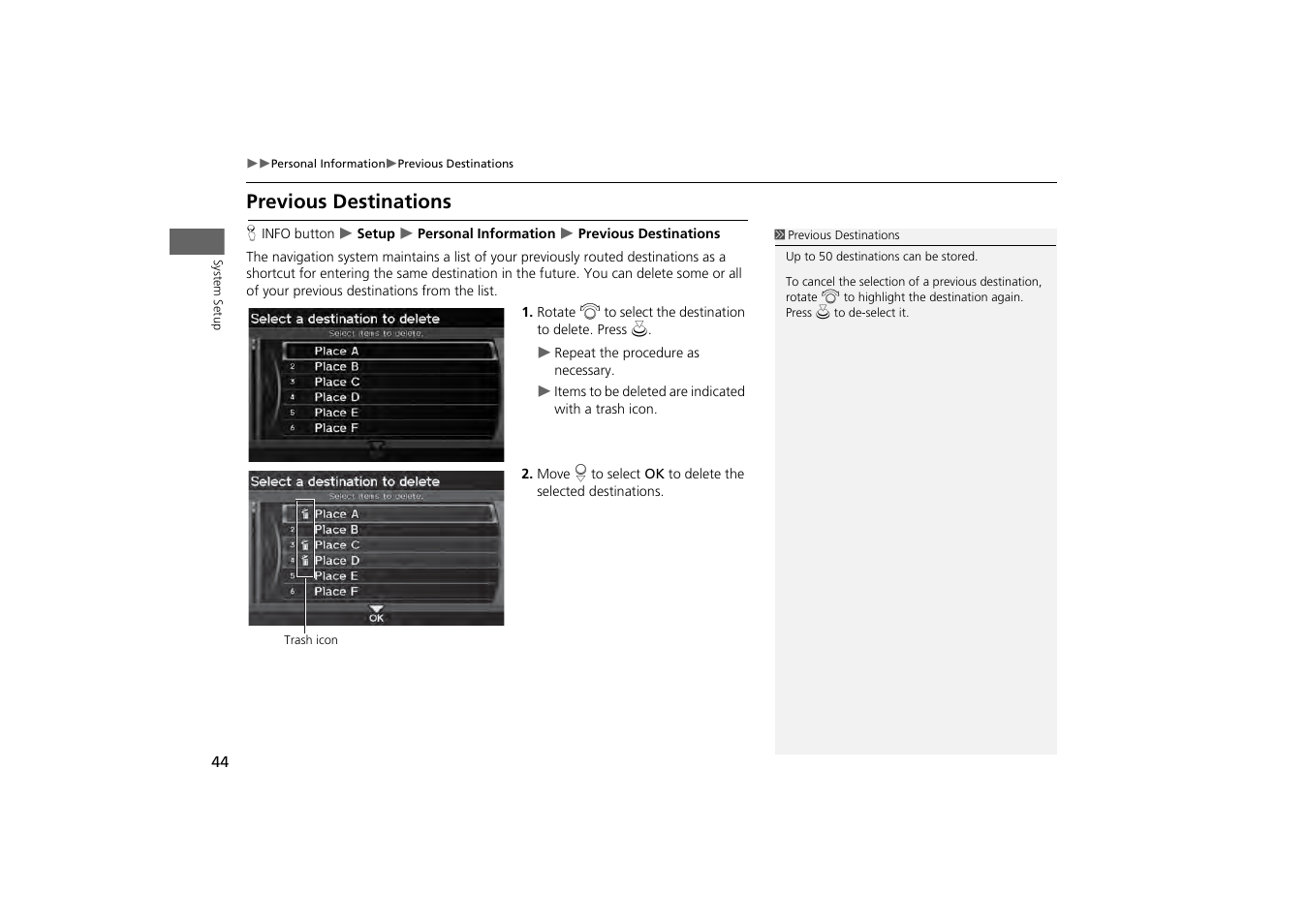 Previous destinations, 2 previous destinations, P. 44 | HONDA 2013 Odyssey Navigation User Manual | Page 46 / 267