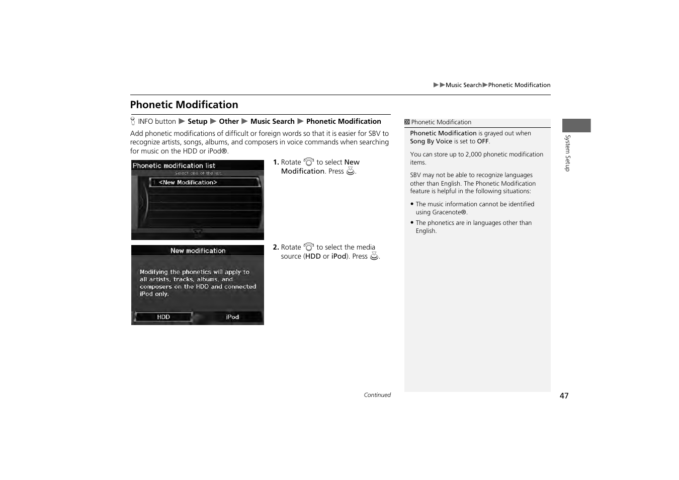 Phonetic modification, 2 phonetic modification, P. 47 | HONDA 2013 Odyssey Navigation User Manual | Page 49 / 267