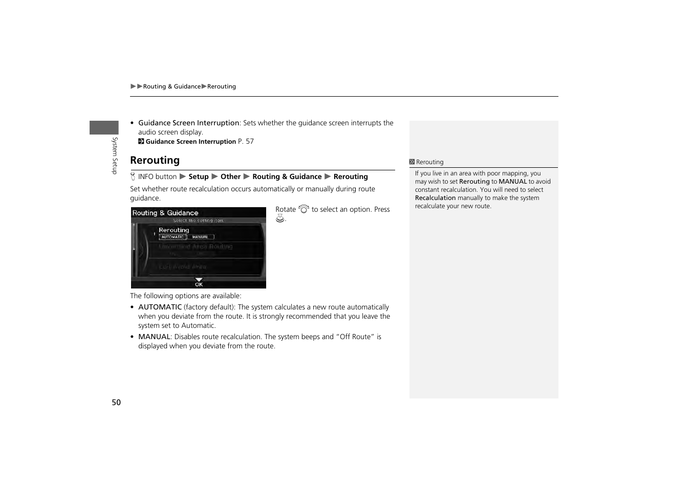 Rerouting, 2 rerouting, P. 50 | HONDA 2013 Odyssey Navigation User Manual | Page 52 / 267