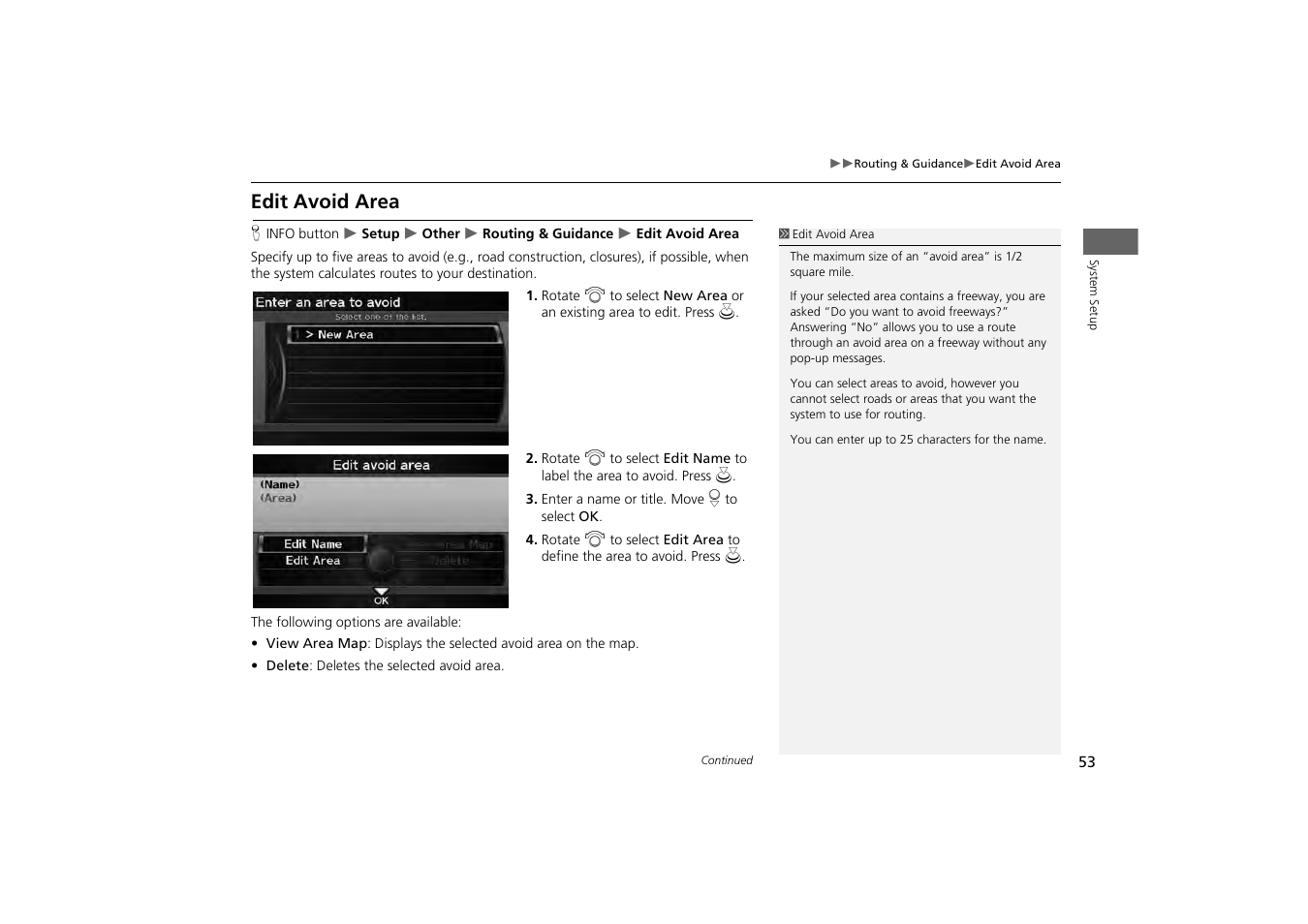 Edit avoid area, 2 edit avoid area, P. 53 | HONDA 2013 Odyssey Navigation User Manual | Page 55 / 267