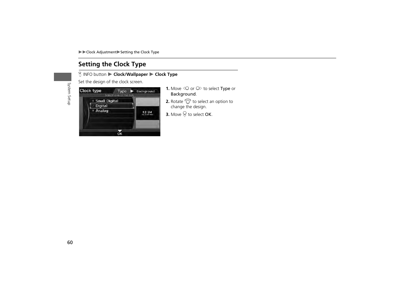 Setting the clock type | HONDA 2013 Odyssey Navigation User Manual | Page 62 / 267