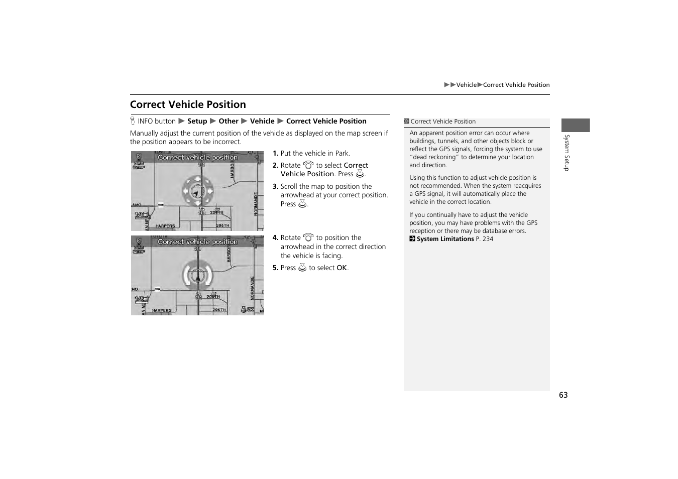 Correct vehicle position, 2 correct vehicle position, P. 63 | HONDA 2013 Odyssey Navigation User Manual | Page 65 / 267