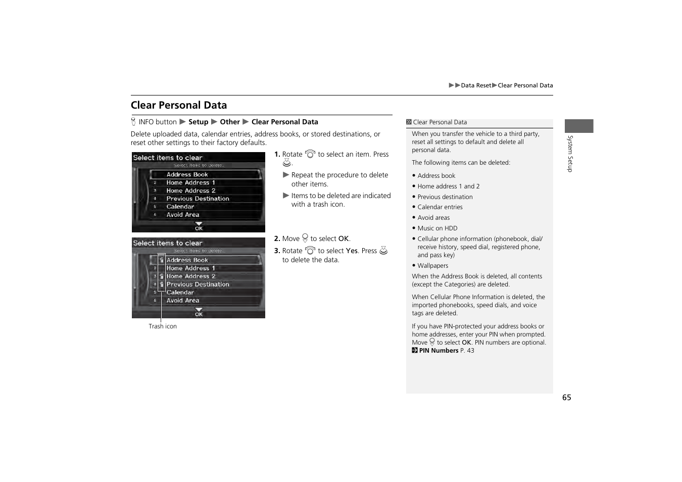 Clear personal data | HONDA 2013 Odyssey Navigation User Manual | Page 67 / 267