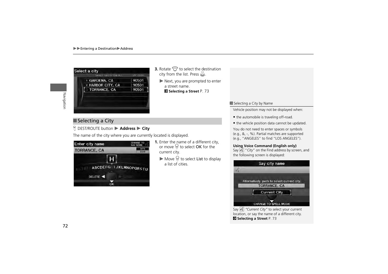 2 selecting a city, P. 72 | HONDA 2013 Odyssey Navigation User Manual | Page 74 / 267