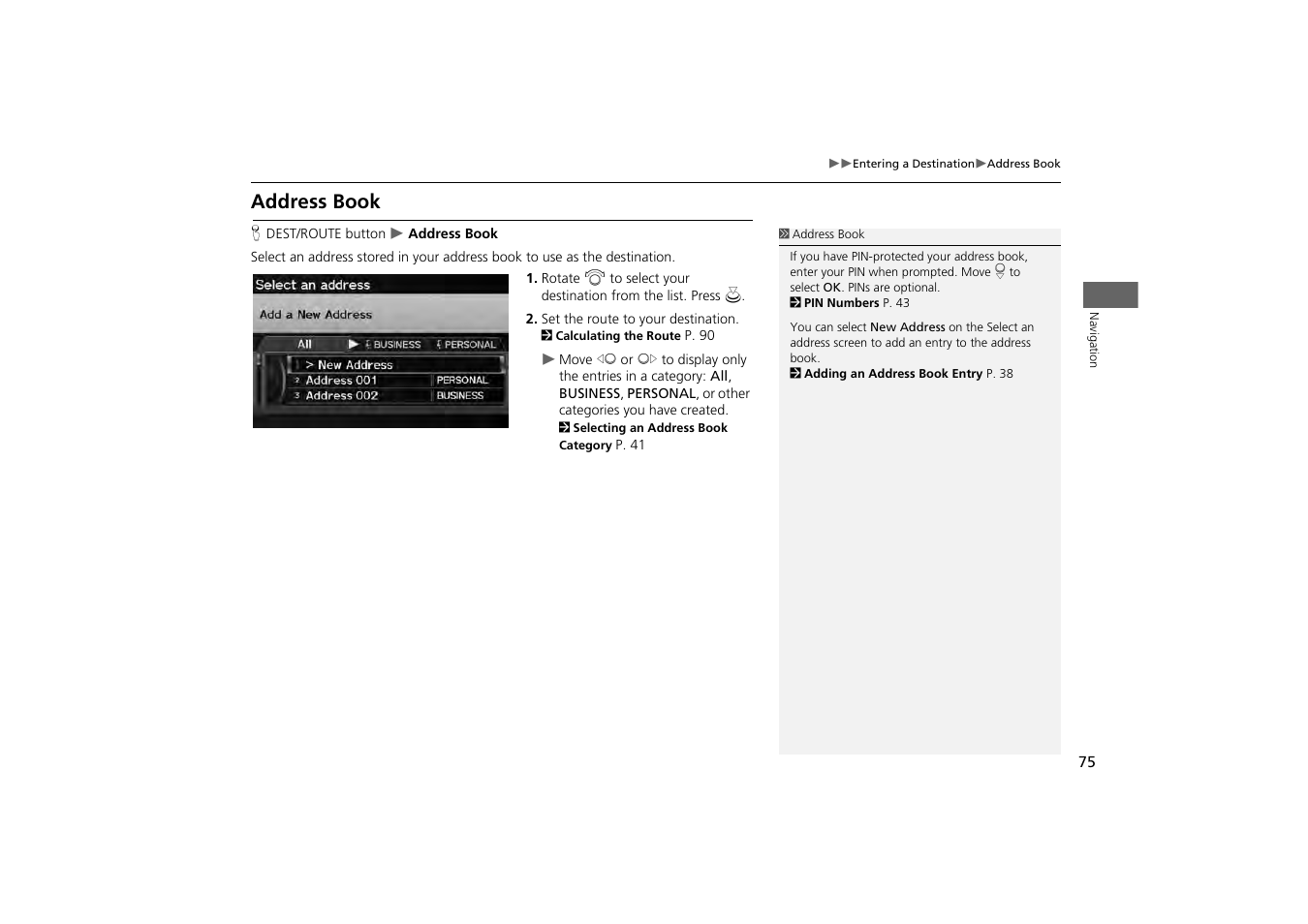 Address book, 2 address book, P. 75 | HONDA 2013 Odyssey Navigation User Manual | Page 77 / 267