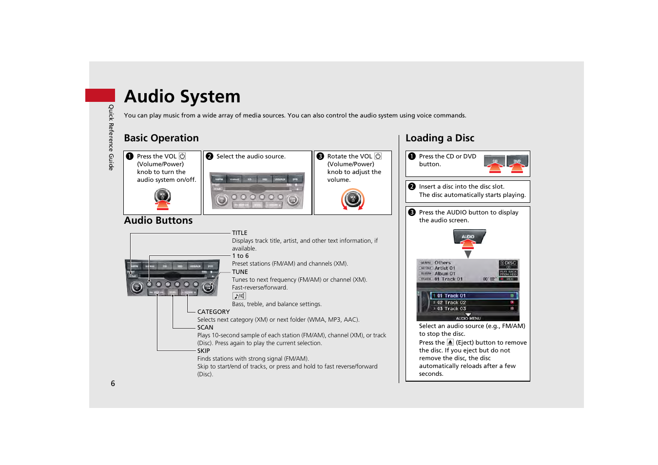 Scan button, Audio system, Basic operation audio buttons | Loading a disc | HONDA 2013 Odyssey Navigation User Manual | Page 8 / 267