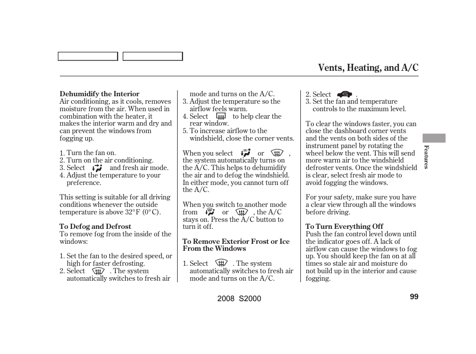 Vents, heating, and a/c | HONDA 2008 S2000 User Manual | Page 102 / 268