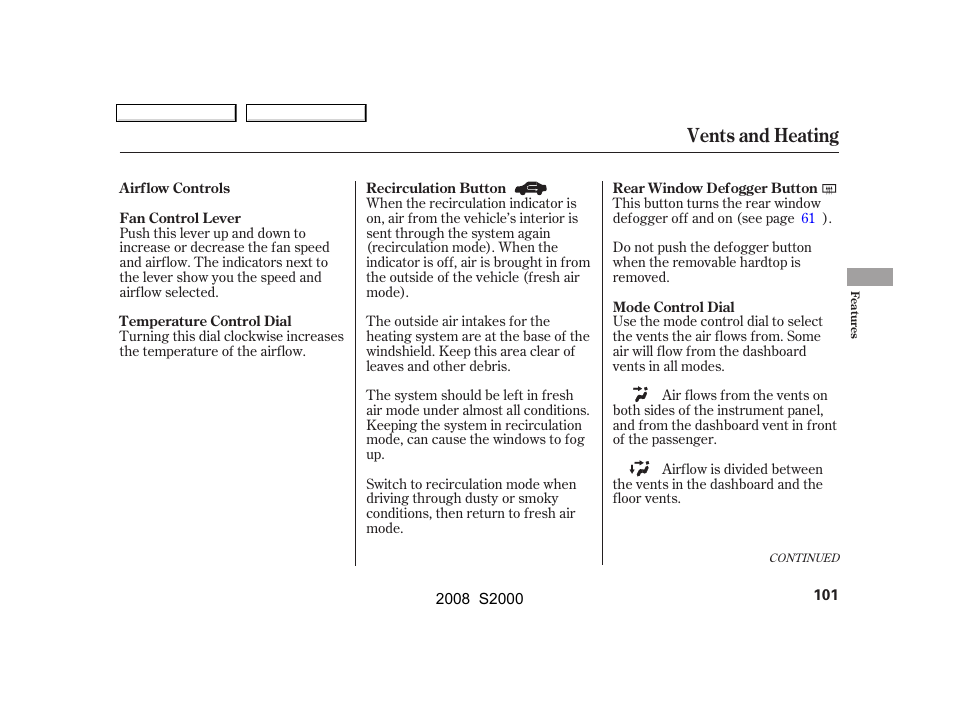 Vents and heating | HONDA 2008 S2000 User Manual | Page 104 / 268