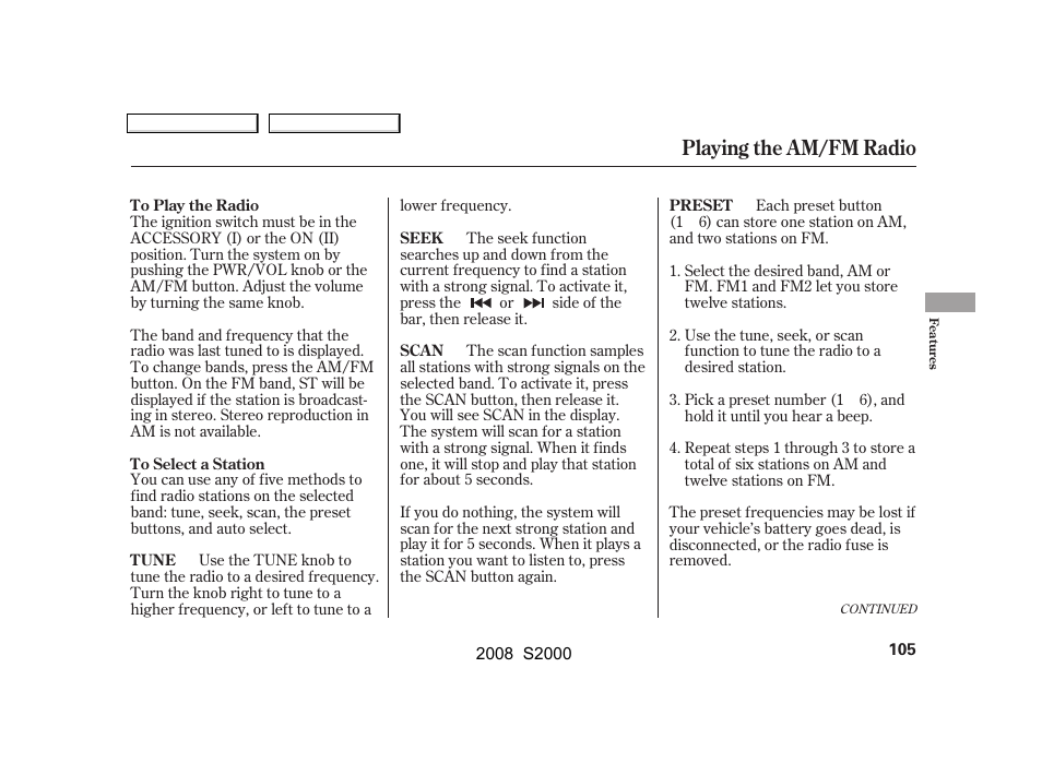 Playing the am/fm radio | HONDA 2008 S2000 User Manual | Page 108 / 268