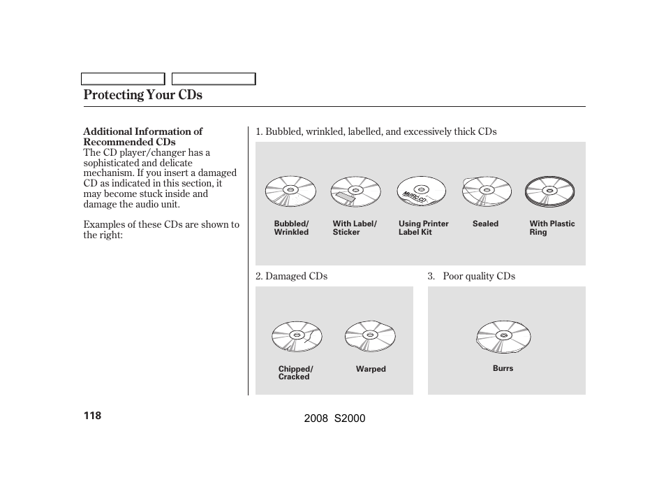 Protecting your cds | HONDA 2008 S2000 User Manual | Page 121 / 268