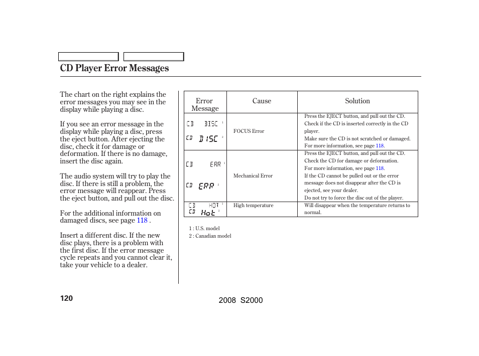 Cd player error messages | HONDA 2008 S2000 User Manual | Page 123 / 268