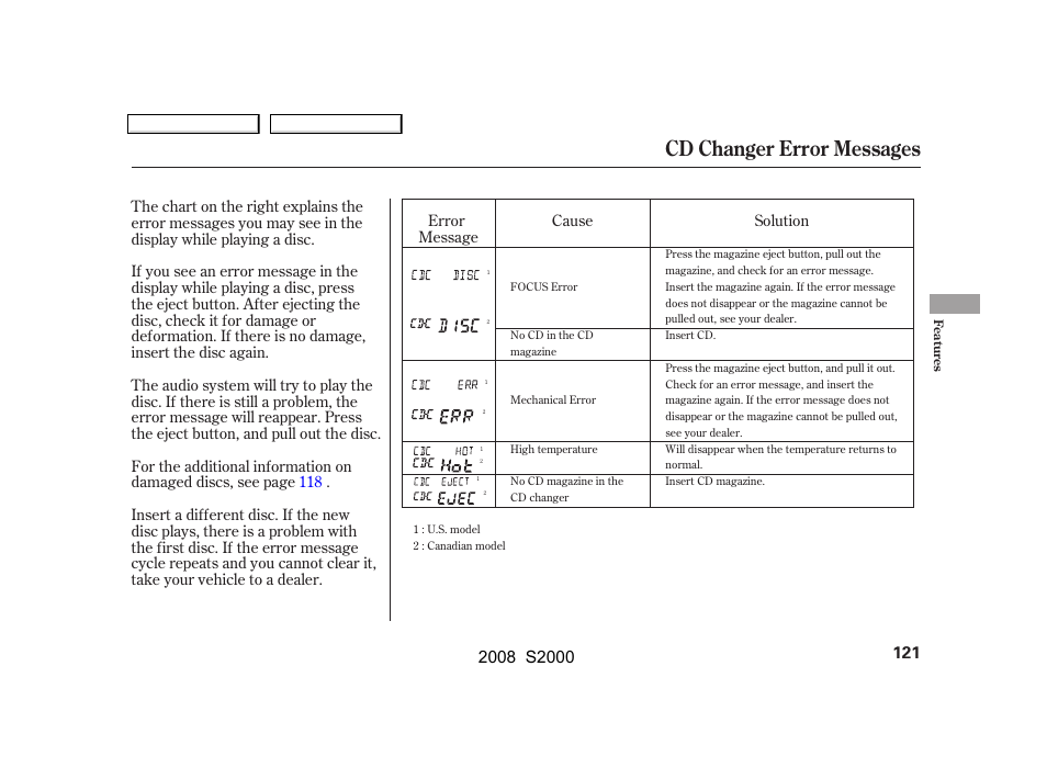 Cd changer error messages | HONDA 2008 S2000 User Manual | Page 124 / 268