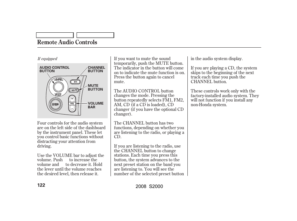 Remote audio controls | HONDA 2008 S2000 User Manual | Page 125 / 268