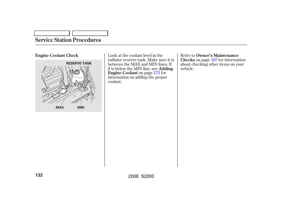 Service station procedures | HONDA 2008 S2000 User Manual | Page 135 / 268