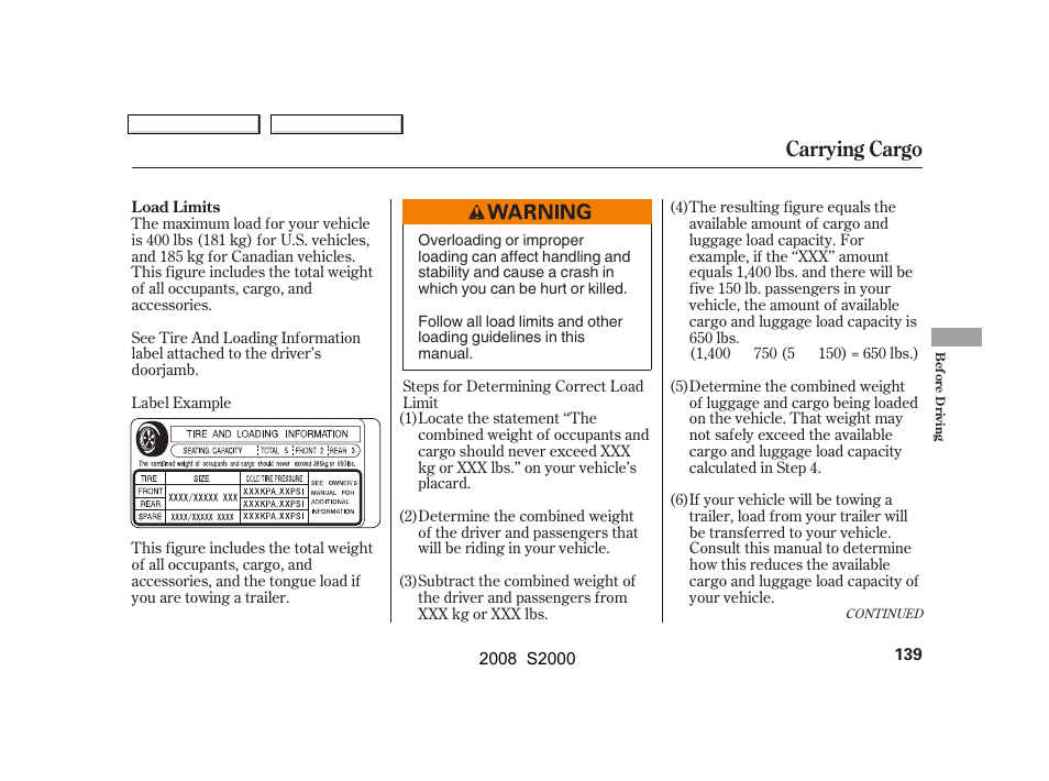 Carrying cargo | HONDA 2008 S2000 User Manual | Page 142 / 268