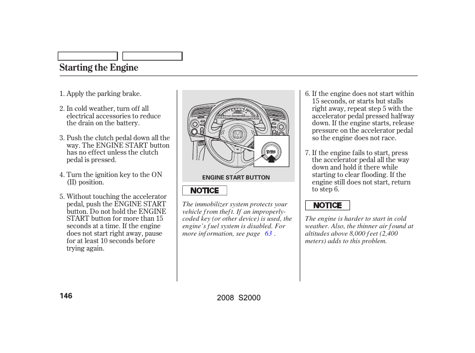 Starting the engine | HONDA 2008 S2000 User Manual | Page 149 / 268