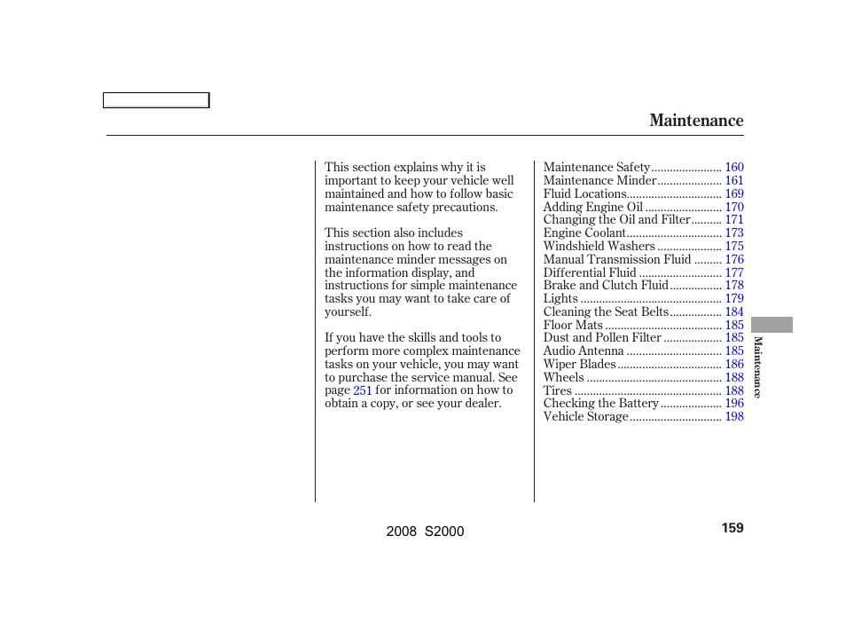 Maintenance | HONDA 2008 S2000 User Manual | Page 162 / 268