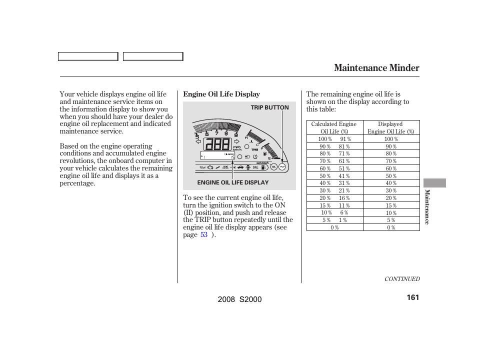 Maintenance minder | HONDA 2008 S2000 User Manual | Page 164 / 268