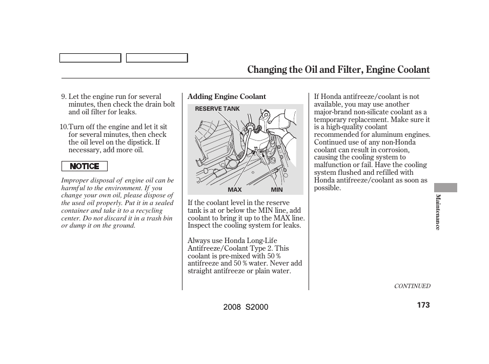 Changing the oil and filter, engine coolant | HONDA 2008 S2000 User Manual | Page 176 / 268