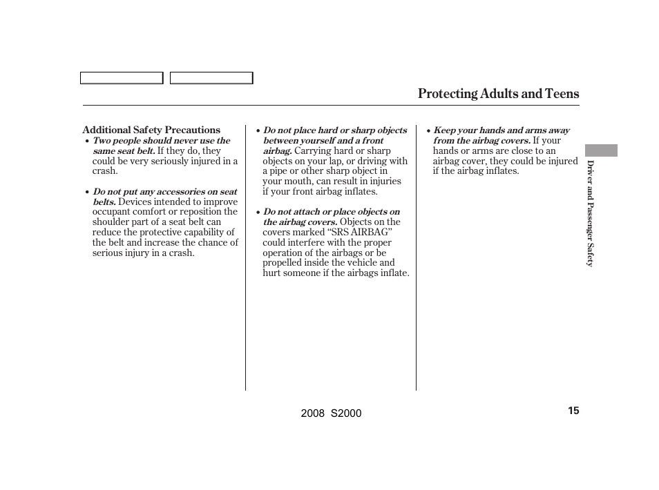 Protecting adults and teens | HONDA 2008 S2000 User Manual | Page 18 / 268