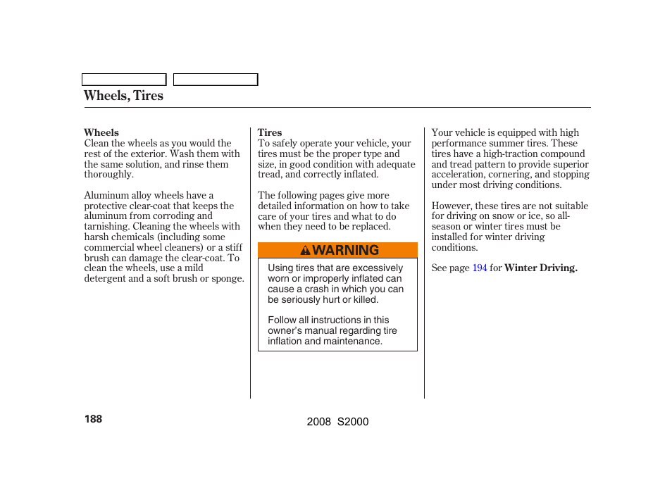 Wheels, tires | HONDA 2008 S2000 User Manual | Page 191 / 268