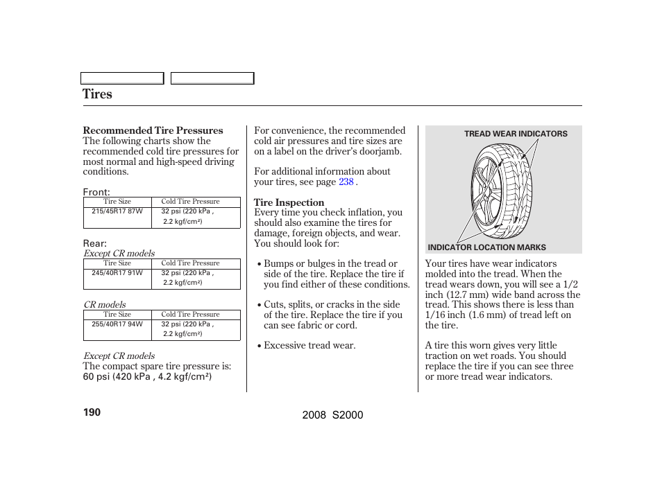 Tires | HONDA 2008 S2000 User Manual | Page 193 / 268