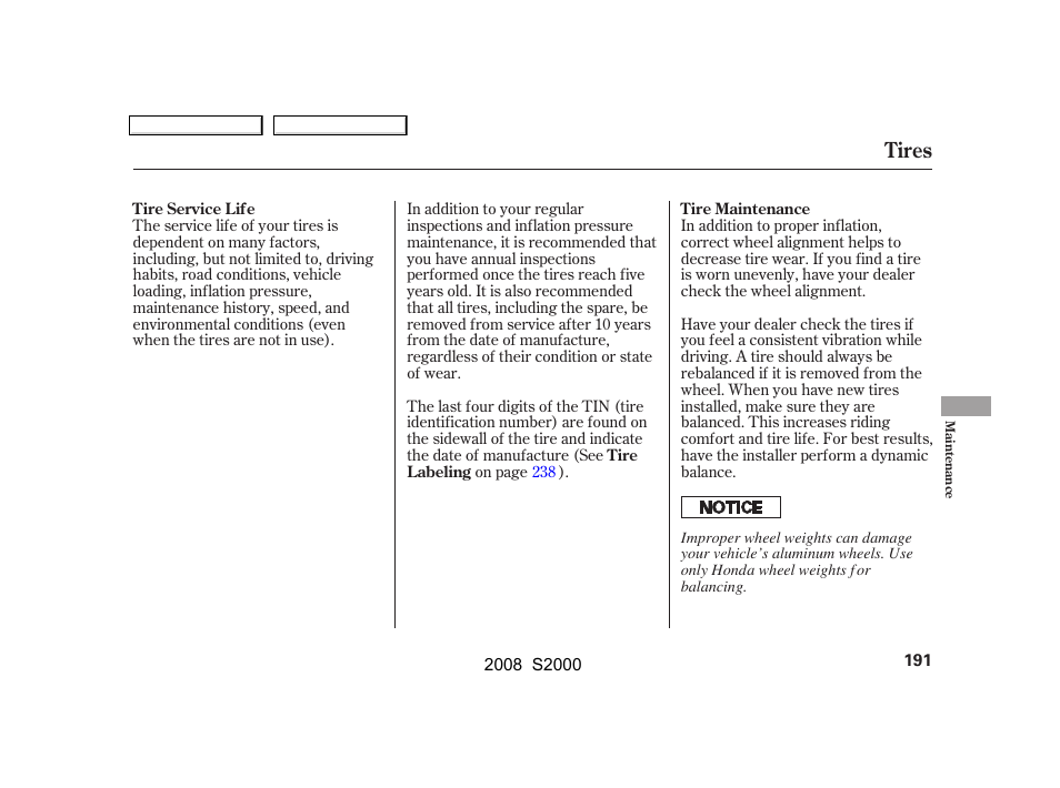Tires | HONDA 2008 S2000 User Manual | Page 194 / 268