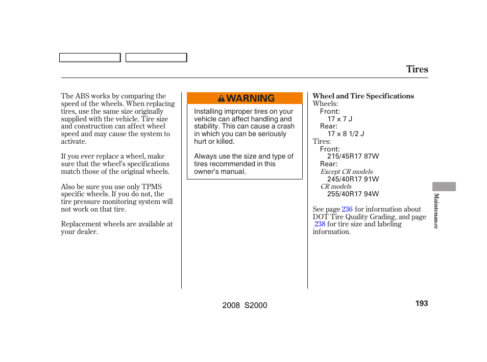 Tires | HONDA 2008 S2000 User Manual | Page 196 / 268