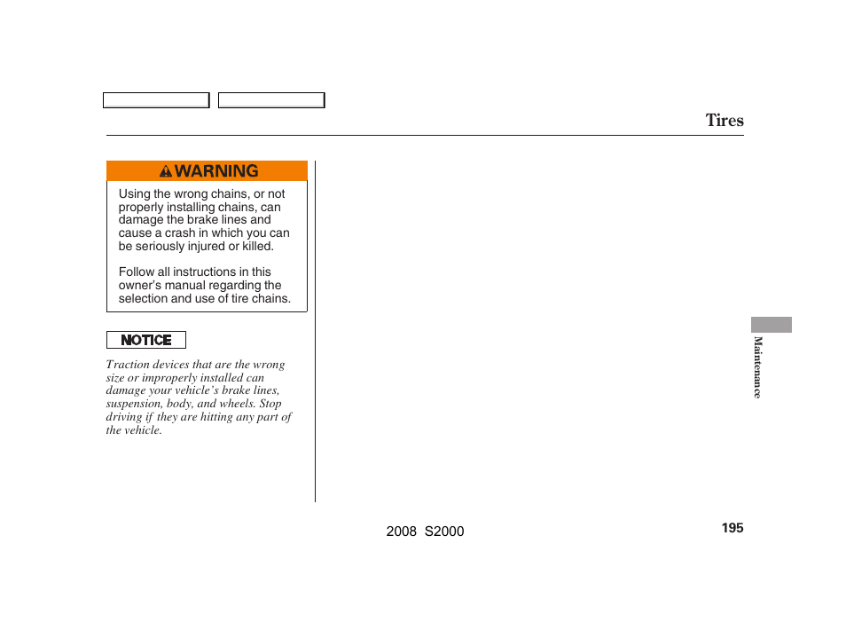 Tires | HONDA 2008 S2000 User Manual | Page 198 / 268