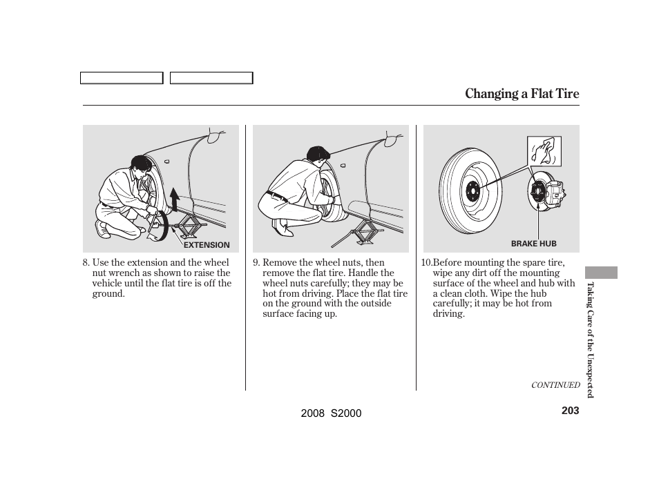 Changing a flat tire | HONDA 2008 S2000 User Manual | Page 206 / 268